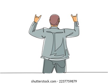 One continuous line drawing of young happy male rocker singer giving hand gesture of rock music on concert stage. Trendy musician artist performance concept single line draw design vector illustration