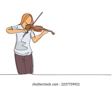 One continuous line drawing of young happy female violinist performing to play violin on music festival concert. Musician artist performance concept single line draw design graphic vector illustration