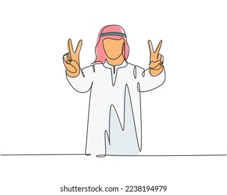 One continuous line drawing of young male muslim employee giving peace or victory hand gesture. Islamic clothing shemag, kandura, scarf, keffiyeh. Single line draw design vector illustration