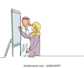 One continuous line drawing of young male and female muslim worker preparing material for presentations on flip chart. Islamic clothing hijab, kandura. Single line draw design vector illustration