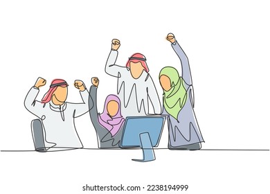 One continuous line drawing of young male and female muslim managers celebrate their target achievement. Islamic clothing shemag, hijab, scarf, keffiyeh. Single line draw design vector illustration
