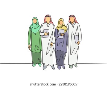 Una línea continua de jóvenes y felices trabajadores musulmanes caminando juntos en el edificio de la avenida de la oficina. Sombrero de ropa islámica, kandura, keffiyeh, hijab. Ilustración vectorial de diseño de líneas simples