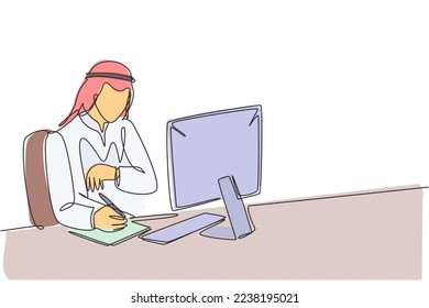 Una línea continua de un joven hombre de negocios musulmán observando su reloj de pulsera mientras terminaba sus trabajos. Sombrero de ropa islámica, kandura, keffiyeh. Ilustración vectorial de diseño de líneas simples