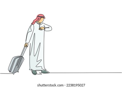 One continuous line drawing of young male muslim businessman staring the watch while holding travel case. Islamic clothing shemag, kandura, scarf, keffiyeh. Single line draw design vector illustration