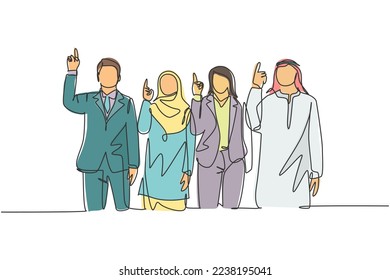 One continuous line drawing of young male and female muslim managers pointing finger to the sky, belief in God. Islamic clothing shemag, kandura, hijab. Single line draw design vector illustration