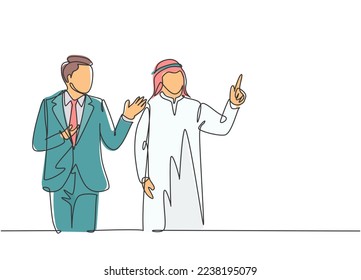 Una línea continua de un joven hombre de negocios musulmán que se reúne y habla con su colega. Sombrero de ropa islámica, kandura, pañuelo, keffiyeh. Ilustración vectorial de diseño de líneas simples