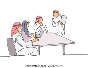 One continuous line drawing of young muslim businessmen offered new business plan by foreign colleague. Islamic clothing shemag, kandura, scarf, keffiyeh. Single line draw design vector illustration