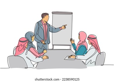 One continuous line drawing of young muslim business coach deliver business training at company meeting. Islamic clothing shemag, kandura, scarf, keffiyeh. Single line draw design vector illustration
