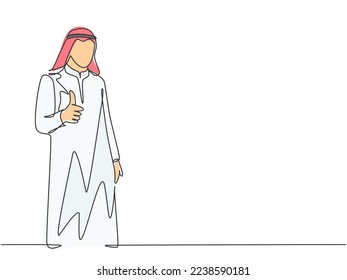 One continuous line drawing of young muslim company branch manager giving thumbs up gestures. Islamic clothing shemag, kandura, scarf, keffiyeh. Single line draw design vector graphic illustration