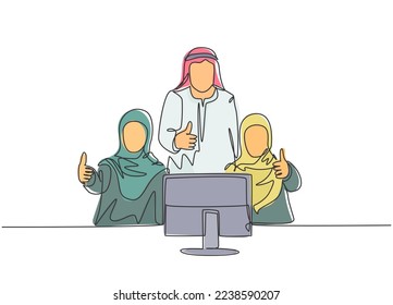 One continuous line drawing of young muslim male and female company workers giving thumbs up gestures. Islamic clothing shemag, kandura, scarf, keffiyeh. Single line draw design vector illustration