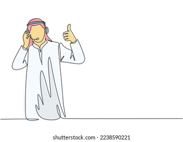 One continuous line drawing of young muslim customer care service give thumbs up gestures, call center. Islamic clothing shemag, kandura, scarf, keffiyeh. Single line draw design vector illustration