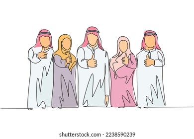 One continuous line drawing of young muslim male and female managers giving thumbs up gestures. Islamic clothing shemag, kandura, scarf, keffiyeh. Single line draw design vector illustration