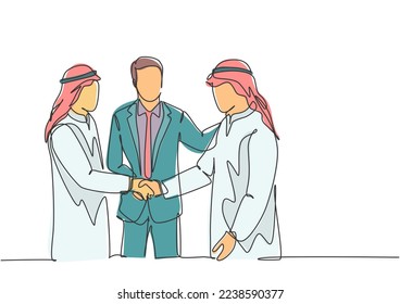 Eine fortlaufende Zeichnung des jungen muslimischen Geschäftsmannes schüttelt seinen Kollegen. Saudi-Arabianische Geschäftsleute mit Shemag, Kandura, Schal, Keffiyekleidung. Vektorgrafik-Design für einzelne Linien