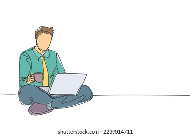 One continuous line drawing of young happy office worker sitting on the floor finish his work while holding a cup of coffee. Drinking coffee or tea concept single line draw design vector illustration