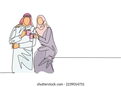 One continuous line drawing of young muslim and muslimah couple pose romantic together while holding a cup of coffee. Islamic clothing shmagh, kandura, scarf. Single line draw design illustration