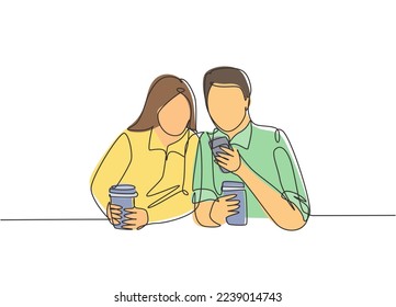 Un continuo dibujo de una pareja joven y feliz de ambos sexos almorzando juntos mientras ven videos graciosos en un smartphone en una cafetería. Concepto romántico. Ilustración de diseño de líneas simples