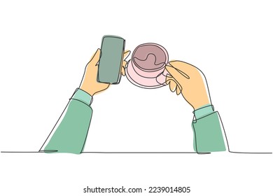 One continuous line drawing of young businessman reading message from business partner on smartphone while take a drink of coffee at coffee shop. Single line draw design illustration