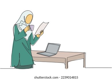 One continuous line drawing of young muslimah marketing manager reading sales report paper from team member while holding a cup of coffee. Drinking coffee concept single line draw design illustration