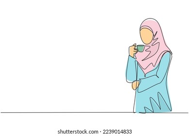 One continuous line drawing of young muslimah businesswoman thinking business ideas while holding a cup of coffee. Saudi Arabian female with vel and hijab. One line drawing illustration