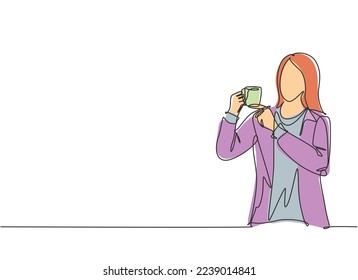 One continuous line drawing of young marketing manager make a quiet gesture with finger while holding a cup of coffee drink. Drinking tea concept single line draw graphic design vector illustration