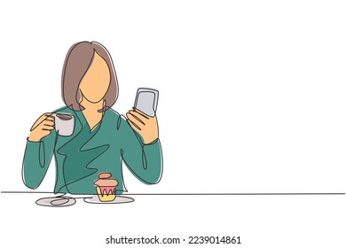 One continuous line drawing of young female college student take a selfie while order a cup of coffee and cupcake at cafe. Drinking tea concept single line draw graphic design vector illustration