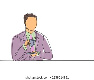 One continuous line drawing of young happy business man thinking business ideas while enjoying and holding a cup of coffee. Drinking coffee or tea concept graphic design vector illustration
