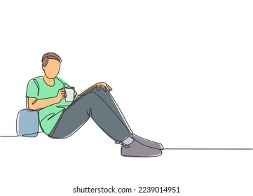 One continuous line drawing of young happy business man take a rest by lying down at sofa couch while holding mug of coffee. Drinking or tea concept single line draw sign design vector illustration