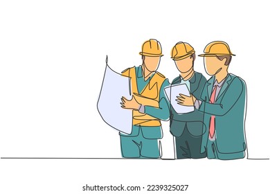 One continuous line drawing of young architect, manager and engineer meeting at building construction site. Building architecture business concept. Single line draw design illustration