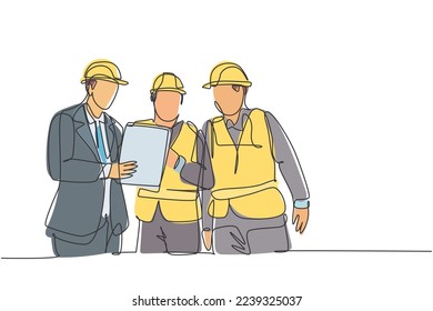 One continuous line drawing of young managers explaining short brief about construction concept to construction builders. Building architecture business concept. Single line draw design illustration