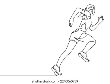 One continuous line drawing of young woman athlete runner run from side view. Individual sport, competitive concept. Dynamic single line draw design vector illustration for running competition poster