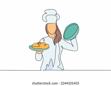 One continuous line drawing of young beauty female chef opening cloche tray to serve main dish to customer at hotel restaurant. Excellent service concept single line draw design vector illustration