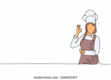 One continuous line drawing of young female chef pose casually while giving excellent food taste gesture. Restaurant banner concept single line draw design vector illustration with white background