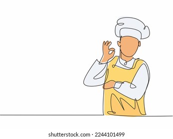 Eine durchgängige Zeichnung des jungen männlichen Küchenchefs posiert beiläufig und verleiht dem Geschmack eine ausgezeichnete Geste. Restaurant-Banner-Konzept, einzelne Linien, Zeichnungsdesign, Vektorgrafik auf weißem Hintergrund
