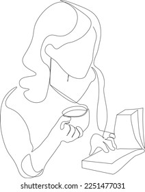 One continuous line drawing of young happy female while reading a novel book story. Cozy home composition with a character of a girl with a cup reading book