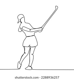 One continuous line drawing of young golf player swing golf club and hit the ball. Leisure sport concept. Dynamic single line draw design vector illustration graphic for tournament promotion media