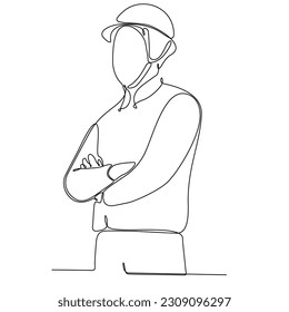 One continuous line drawing of young foreman manager controlling building construction. Building architecture business concept. Single line drawing graphic design vector illustration