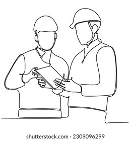 One continuous line drawing of young foreman manager controlling building construction. Building architecture business concept. Single line drawing graphic design vector illustration