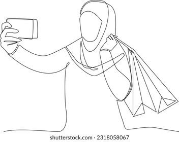 One continuous line drawing of young female going to holiday and selfie after shopping. minimlaist holiday concept. Single line draw vector graphic design illustration