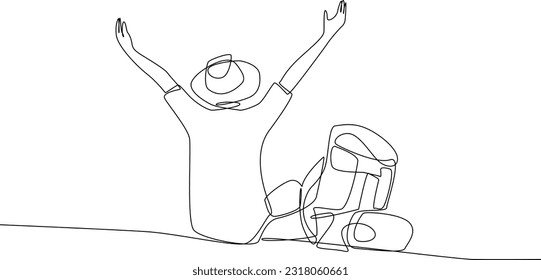 One continuous line drawing of a young man solo traveling. minimalist holiday concept. The single line draws vector graphic design illustration.