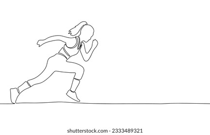 One continuous line drawing of young woman athlete runner run from side view. Individual sport, competitive concept. Single line draw design vector illustration 