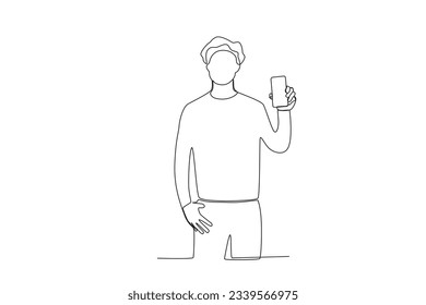 One continuous line drawing of a young man showing his cell phone casually facing forward
