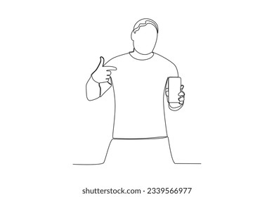 One continuous line drawing of a young man showing his cell phone and posing with his cell phone 
