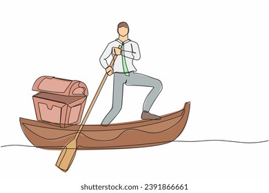 One continuous line drawing young businessman sailing away on boat with treasure chest. Money laundering, political corruption. Criminal stole golden coins. Single line draw design vector illustration