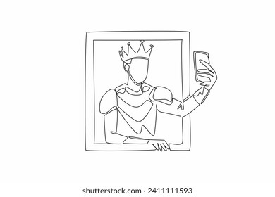 One continuous line drawing of young handsome medieval man inside a antique painting frame puts out his hand and takes a selfie. Prince wearing the gold crown of kingdom symbol. Museum Selfie Day