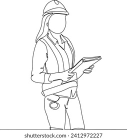 One continuous line drawing of young architect holding roll papers of draft sketch blueprint design. Building architecture business concept. Single line draw design vector graphic illustration