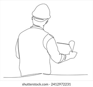 One continuous line drawing of young architect holding roll papers of draft sketch blueprint design. Building architecture business concept. Single line draw design vector graphic illustration