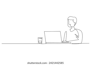 One continuous line drawing of young male businessman sits in front of a laptop and a cup of coffee. employee thinking pensive in front of laptop monitor. Business concept and illustration single line