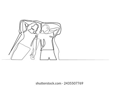 one continuous line drawing of a young couple continuously planning something.one line drawing of a young couple sleeping on their backs and planning something.single line vector illustration