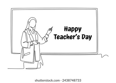 One continuous line drawing of young female teacher is explaining in front of the blackboard. World Teachers Day. Trendy single line draw design vector graphic illustration