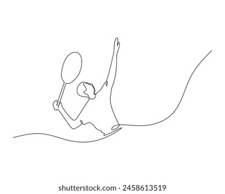 One continuous line drawing of young happy male badminton player serving the ball. Competitive sport concept. Dynamic single line draw design vector graphic illustration for tournament advertising